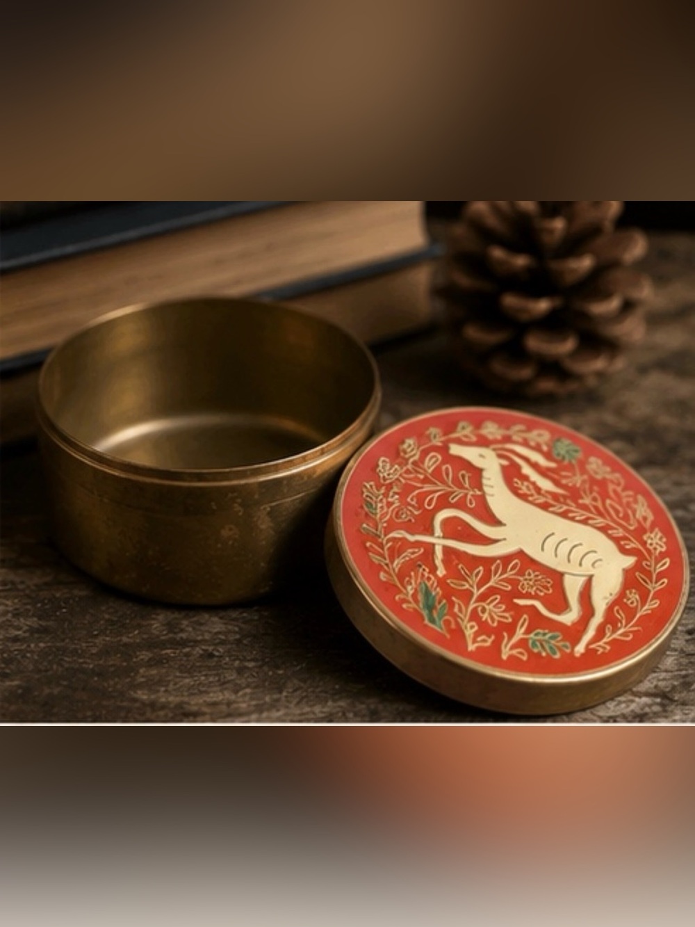 Vintage Brass Deer Trinket Box Red Enamel Jewelry Box Cottagecore Lodge Decor